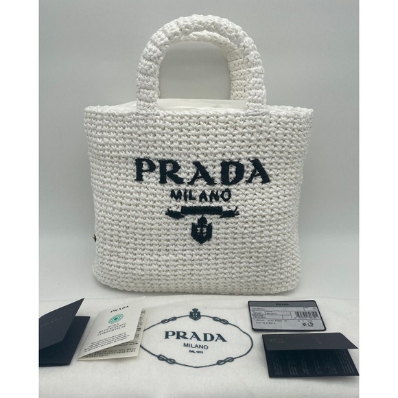 BRAND NEW PRADA RAFFIA CROCHET SMALL VACATION WHITE TOTE BAG AUTHENTIC! - Picture 3 of 14